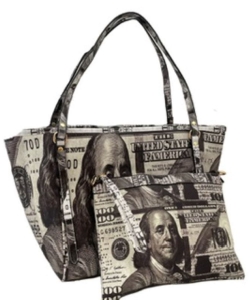Oversize Hundred Dollar Bill Print Tote Bag With Pouch Set CA-6735 BLACK